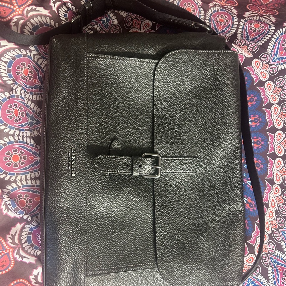 Coach Black Pebbled Leather Crossbody Messenger with Buckle Strap